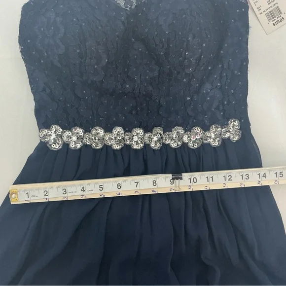 David's Bridal Navy Strapless Lace Bodice Gown with Beaded Waist - Picture 7 of 9